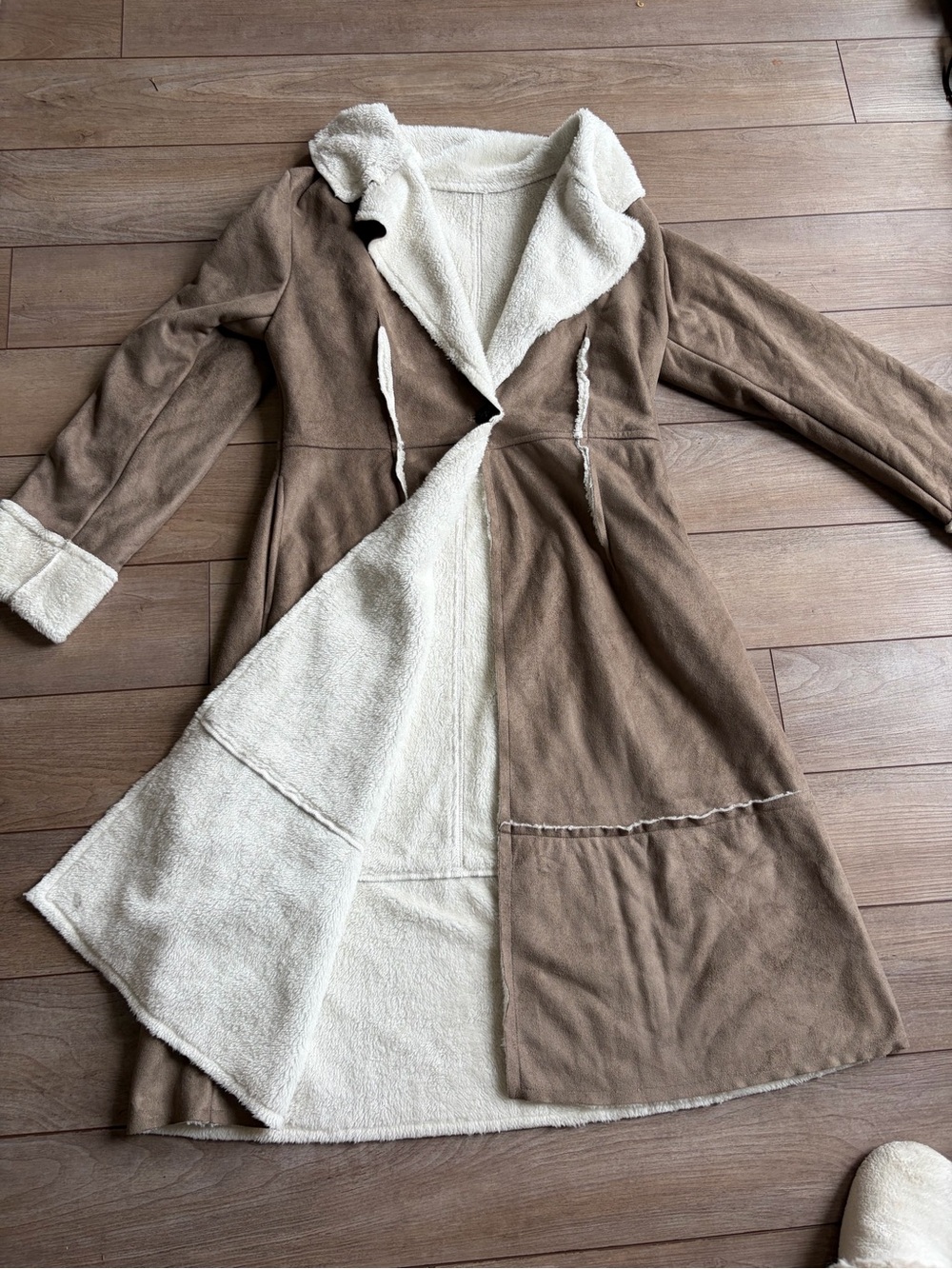 SHEIN Taupe Faux Suede Trench Coat with Cream Shearling - Picture 3 of 6